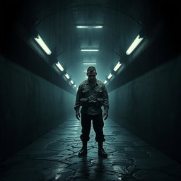 A haunting and cinematic poster concept featuring a soldier standing alone in a dark, narrow tunnel