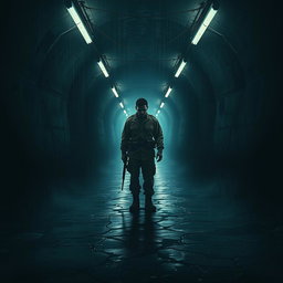 A haunting and cinematic poster concept featuring a soldier standing alone in a dark, narrow tunnel