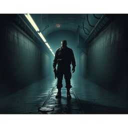 A haunting and cinematic poster concept featuring a soldier standing alone in a dark, narrow tunnel
