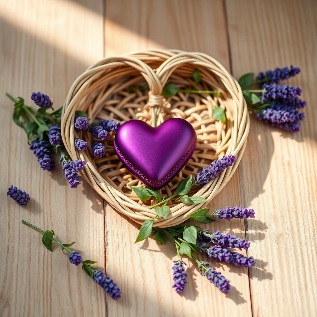A hyperrealistic scene featuring a heart-shaped wicker frame, filled with a deep purple heart-shaped ornament, resting on a light brown wooden surface