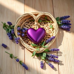 A hyperrealistic scene featuring a heart-shaped wicker frame, filled with a deep purple heart-shaped ornament, resting on a light brown wooden surface
