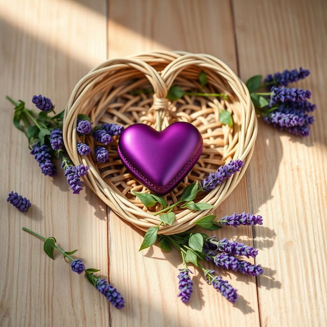 A hyperrealistic scene featuring a heart-shaped wicker frame, filled with a deep purple heart-shaped ornament, resting on a light brown wooden surface