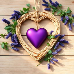 A hyperrealistic scene featuring a heart-shaped wicker frame, filled with a deep purple heart-shaped ornament, resting on a light brown wooden surface
