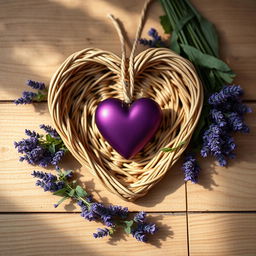 A hyperrealistic scene featuring a heart-shaped wicker frame, filled with a deep purple heart-shaped ornament, resting on a light brown wooden surface