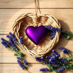 A hyperrealistic scene featuring a heart-shaped wicker frame, filled with a deep purple heart-shaped ornament, resting on a light brown wooden surface