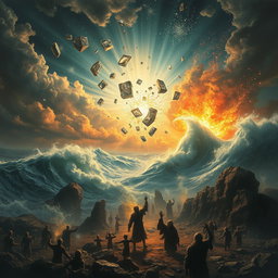 A dramatic scene depicting apocalyptic events as described: the sky shattering into pieces with bright flashes of light, vast oceans exploding into towering waves, stars cascading down like glittering confetti, and the dead rising from their graves with ethereal light surrounding them