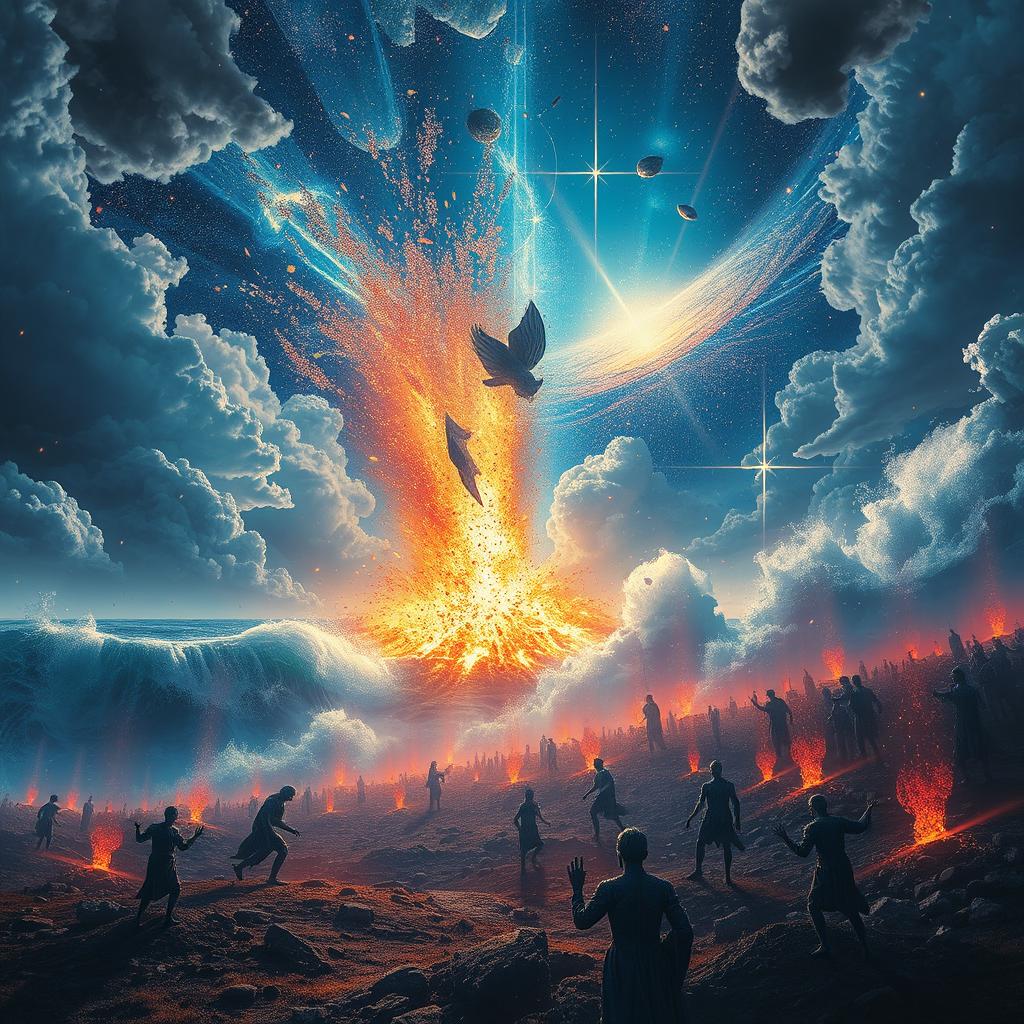 A dramatic scene depicting apocalyptic events as described: the sky shattering into pieces with bright flashes of light, vast oceans exploding into towering waves, stars cascading down like glittering confetti, and the dead rising from their graves with ethereal light surrounding them