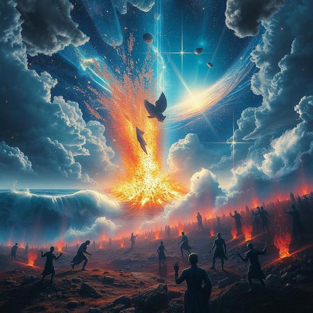 A dramatic scene depicting apocalyptic events as described: the sky shattering into pieces with bright flashes of light, vast oceans exploding into towering waves, stars cascading down like glittering confetti, and the dead rising from their graves with ethereal light surrounding them