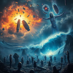 A dramatic scene depicting apocalyptic events as described: the sky shattering into pieces with bright flashes of light, vast oceans exploding into towering waves, stars cascading down like glittering confetti, and the dead rising from their graves with ethereal light surrounding them