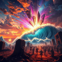 A dramatic scene depicting apocalyptic events as described: the sky shattering into pieces with bright flashes of light, vast oceans exploding into towering waves, stars cascading down like glittering confetti, and the dead rising from their graves with ethereal light surrounding them