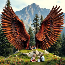Two large, powerful wings spread wide over a mountainous landscape, their feathers creating a natural seating area for people