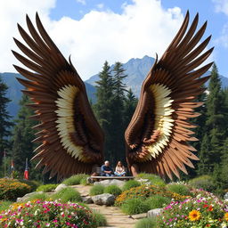 Two large, powerful wings spread wide over a mountainous landscape, their feathers creating a natural seating area for people