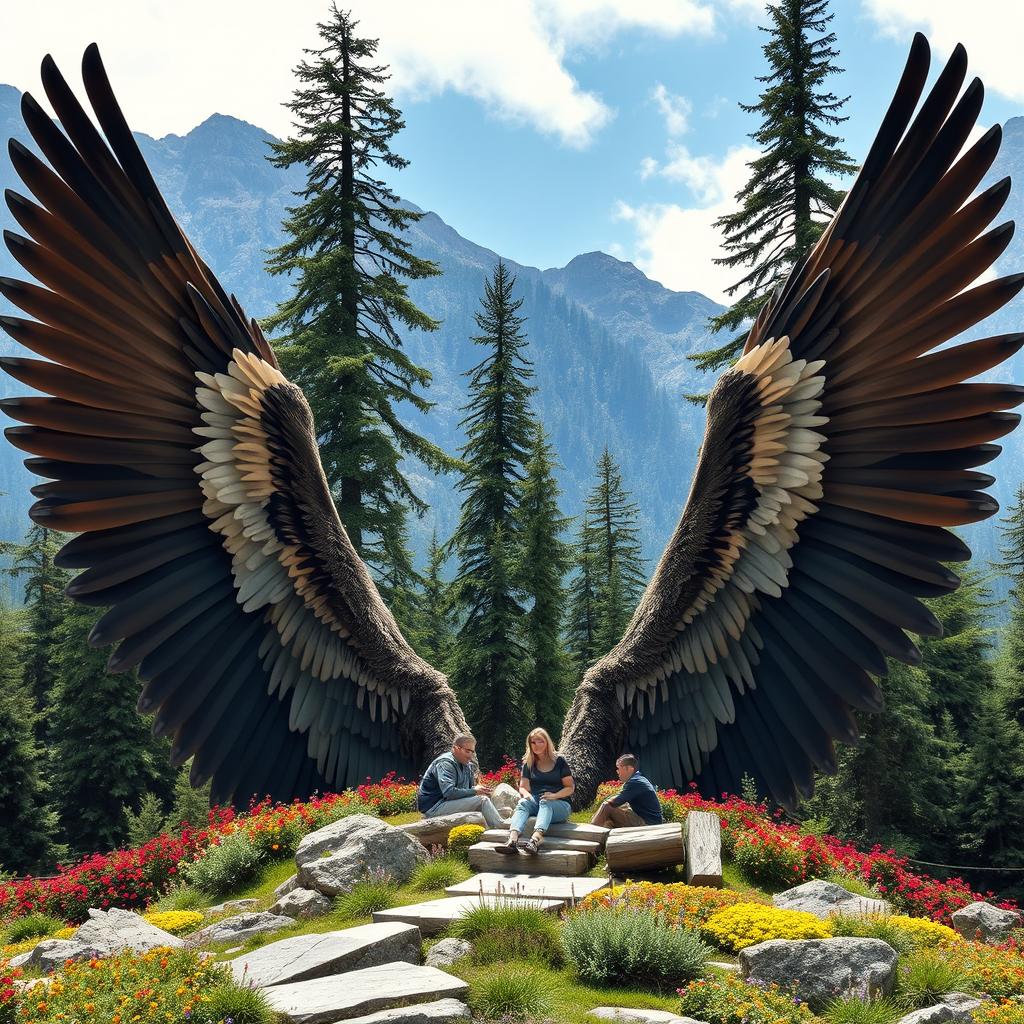 Two large, powerful wings spread wide over a mountainous landscape, their feathers creating a natural seating area for people