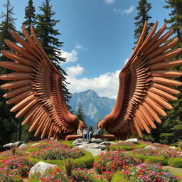 Two large, powerful wings spread wide over a mountainous landscape, their feathers creating a natural seating area for people