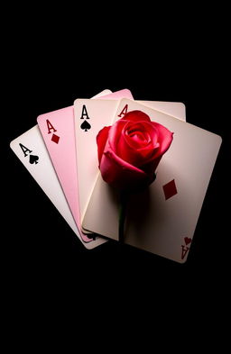 Four aces fanned out artistically, vibrant colors against a black background, with a single elegant rose placed behind the cards, its petals slightly open, giving a romantic touch to the composition