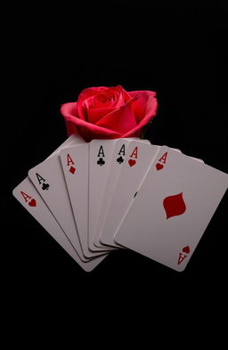 Four aces fanned out artistically, vibrant colors against a black background, with a single elegant rose placed behind the cards, its petals slightly open, giving a romantic touch to the composition
