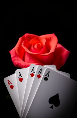 Four aces fanned out artistically, vibrant colors against a black background, with a single elegant rose placed behind the cards, its petals slightly open, giving a romantic touch to the composition