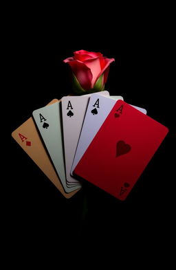 Four aces fanned out artistically, vibrant colors against a black background, with a single elegant rose placed behind the cards, its petals slightly open, giving a romantic touch to the composition