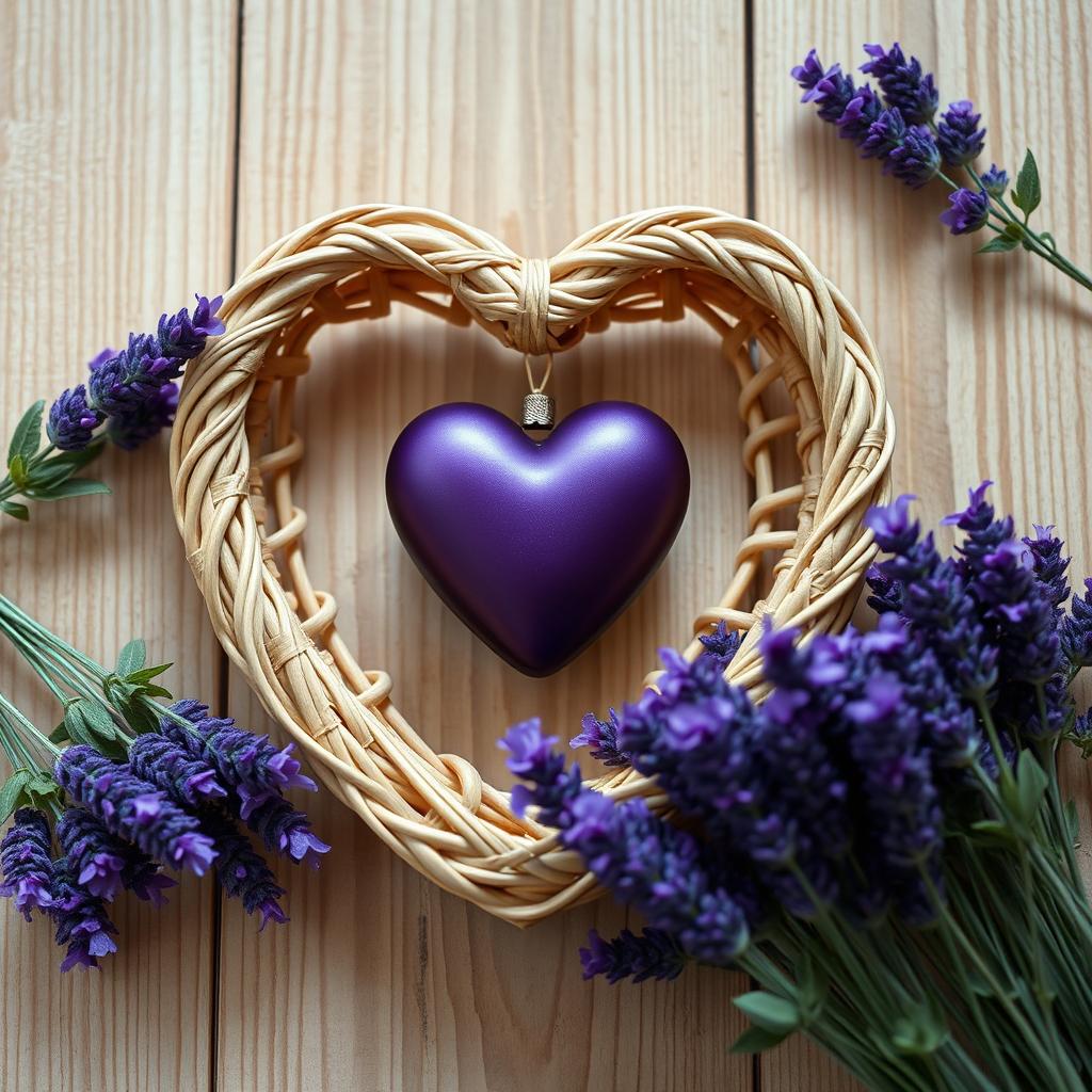 A hyperrealistic image featuring a heart-shaped wicker frame filled with a deep purple heart-shaped ornament, elegantly positioned on a light brown wooden surface