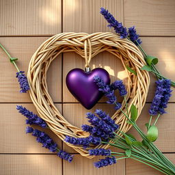 A hyperrealistic image featuring a heart-shaped wicker frame filled with a deep purple heart-shaped ornament, elegantly positioned on a light brown wooden surface