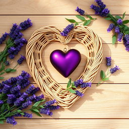 A hyperrealistic image featuring a heart-shaped wicker frame filled with a deep purple heart-shaped ornament, elegantly positioned on a light brown wooden surface