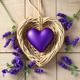 A hyperrealistic image featuring a heart-shaped wicker frame filled with a deep purple heart-shaped ornament, elegantly positioned on a light brown wooden surface