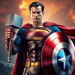 A hyper-realistic image of Superman wearing Captain America's shield on his arm, donning Iron Man's armor, and holding Thor's mighty hammer, Mjolnir