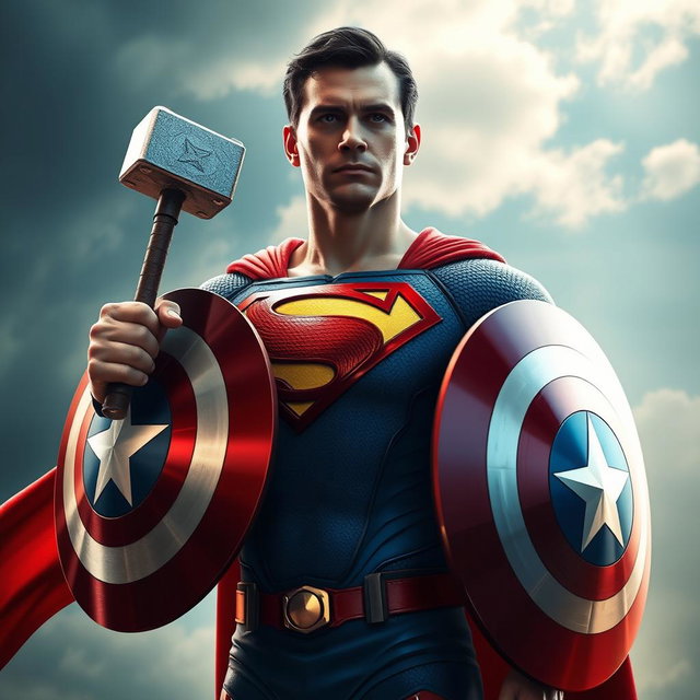 A hyper-realistic image of Superman wearing Captain America's shield on his arm, donning Iron Man's armor, and holding Thor's mighty hammer, Mjolnir