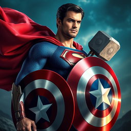 A hyper-realistic image of Superman wearing Captain America's shield on his arm, donning Iron Man's armor, and holding Thor's mighty hammer, Mjolnir
