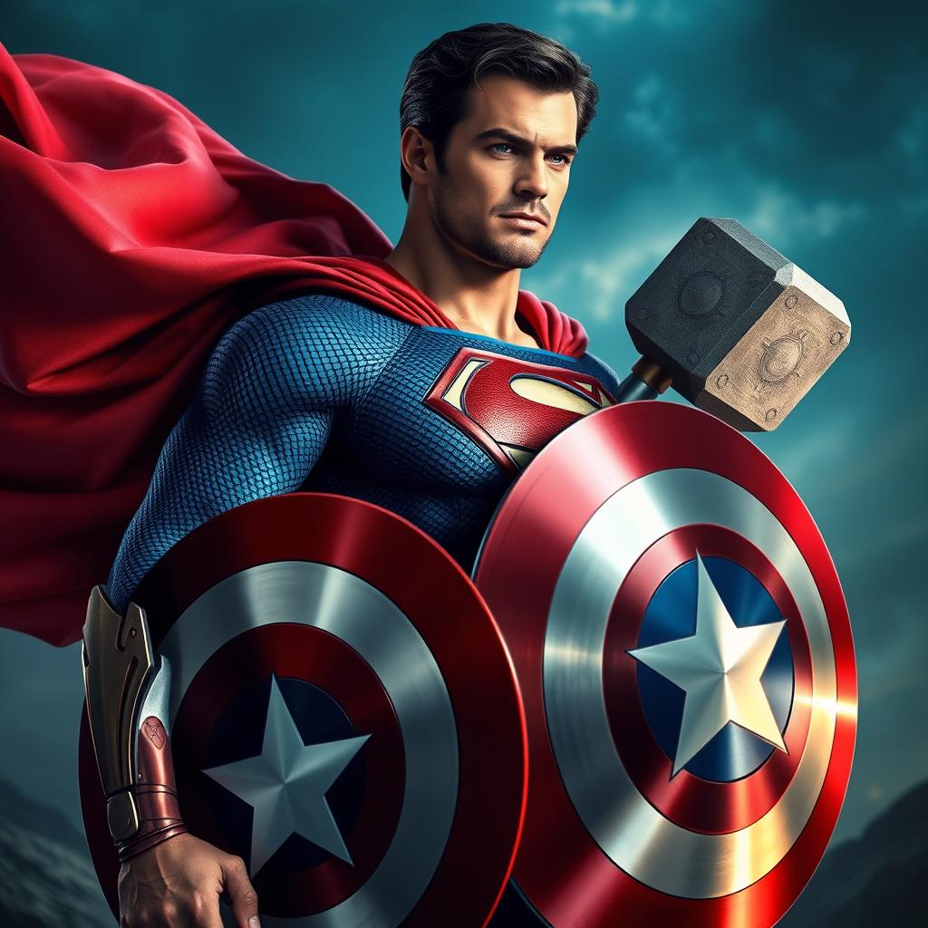 A hyper-realistic image of Superman wearing Captain America's shield on his arm, donning Iron Man's armor, and holding Thor's mighty hammer, Mjolnir