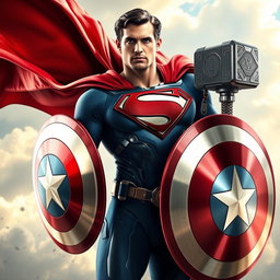 A hyper-realistic image of Superman wearing Captain America's shield on his arm, donning Iron Man's armor, and holding Thor's mighty hammer, Mjolnir