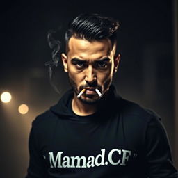 A striking portrait of Amir Tataloo, deeply focused and exuding a cool demeanor while smoking a cigarette