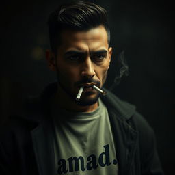 A striking portrait of Amir Tataloo, deeply focused and exuding a cool demeanor while smoking a cigarette
