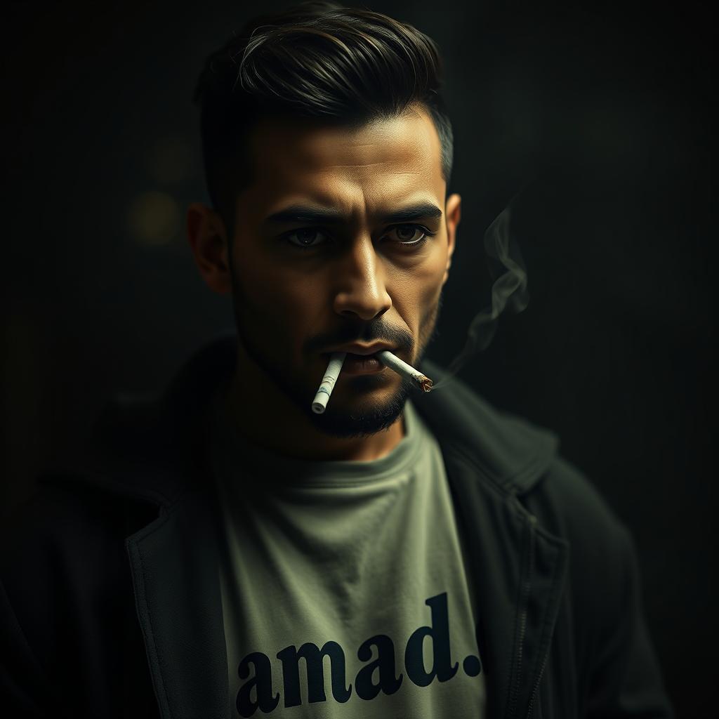 A striking portrait of Amir Tataloo, deeply focused and exuding a cool demeanor while smoking a cigarette