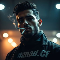 A striking portrait of Amir Tataloo, deeply focused and exuding a cool demeanor while smoking a cigarette