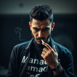 A striking portrait of Amir Tataloo, deeply focused and exuding a cool demeanor while smoking a cigarette