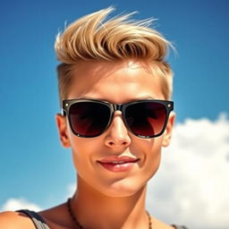 A stylish portrait of a person wearing sunglasses, with a confident expression