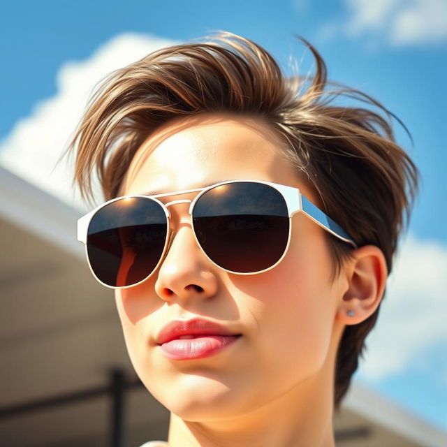 A stylish portrait of a person wearing sunglasses, with a confident expression