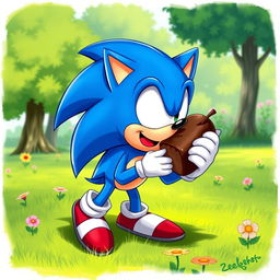 A realistic illustration of Sonic the Hedgehog enjoying a delicious hedgehog-shaped chocolate dessert