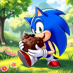 A realistic illustration of Sonic the Hedgehog enjoying a delicious hedgehog-shaped chocolate dessert