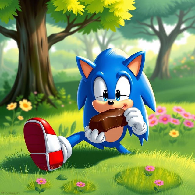 A realistic illustration of Sonic the Hedgehog enjoying a delicious hedgehog-shaped chocolate dessert