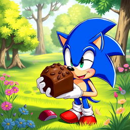 A realistic illustration of Sonic the Hedgehog enjoying a delicious hedgehog-shaped chocolate dessert