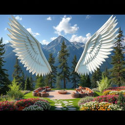 A space inspired by two large, elongated wings spread wide over a mountainside, their feathers creating comfortable seating areas for people