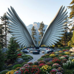 A space inspired by two large, elongated wings spread wide over a mountainside, their feathers creating comfortable seating areas for people