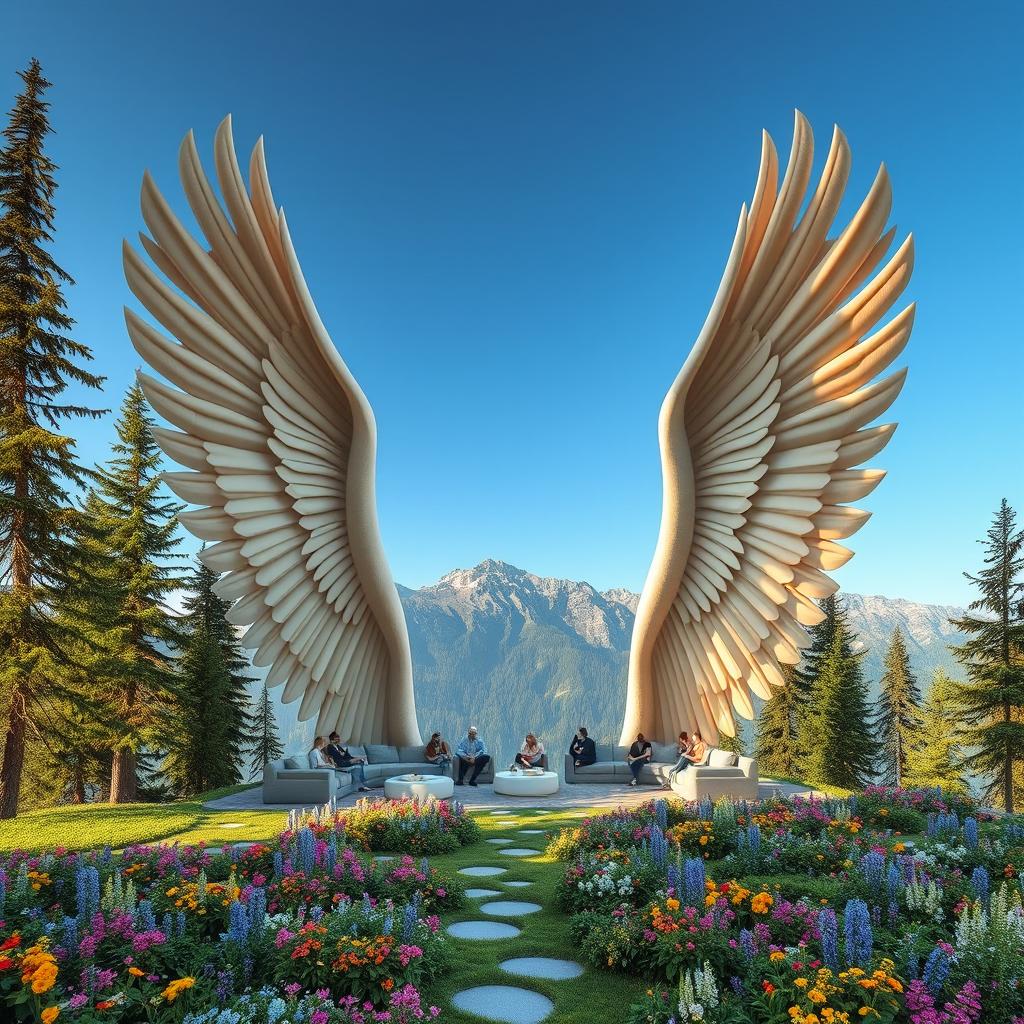 A space inspired by two large, elongated wings spread wide over a mountainside, their feathers creating comfortable seating areas for people