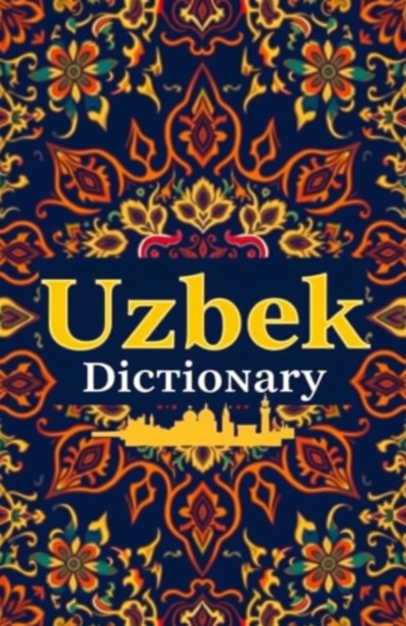 A visually striking cover design for an Uzbek-English dictionary, featuring a beautiful blend of traditional Uzbek patterns and modern typography