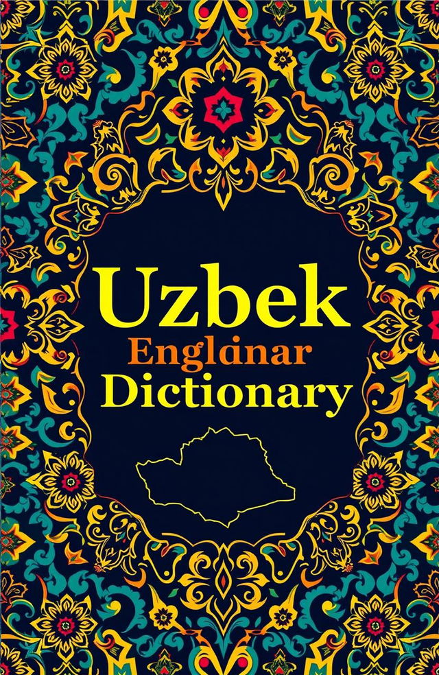 A visually striking cover design for an Uzbek-English dictionary, featuring a beautiful blend of traditional Uzbek patterns and modern typography