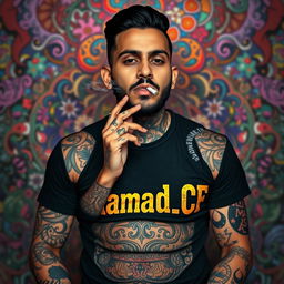 Amir Tataloo with a body covered in tattoos, smoking a cigarette, wearing a shirt with the text 'Mamad_CF' in bold font