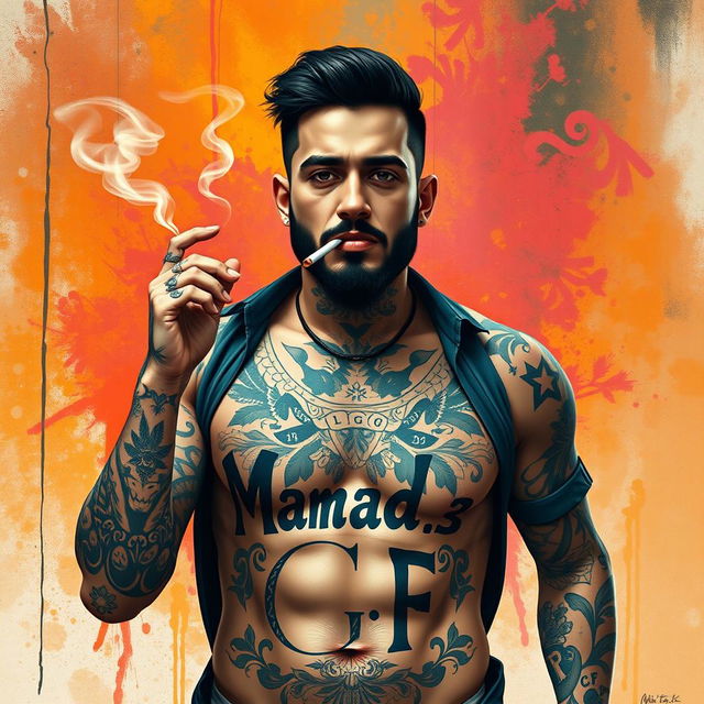 Amir Tataloo with a body covered in tattoos, smoking a cigarette, wearing a shirt with the text 'Mamad_CF' in bold font