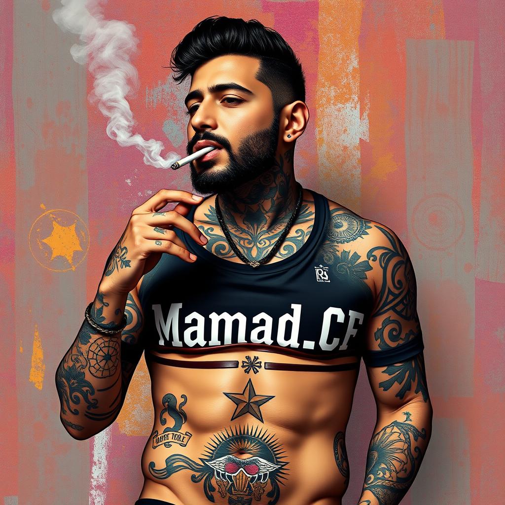 Amir Tataloo with a body covered in tattoos, smoking a cigarette, wearing a shirt with the text 'Mamad_CF' in bold font
